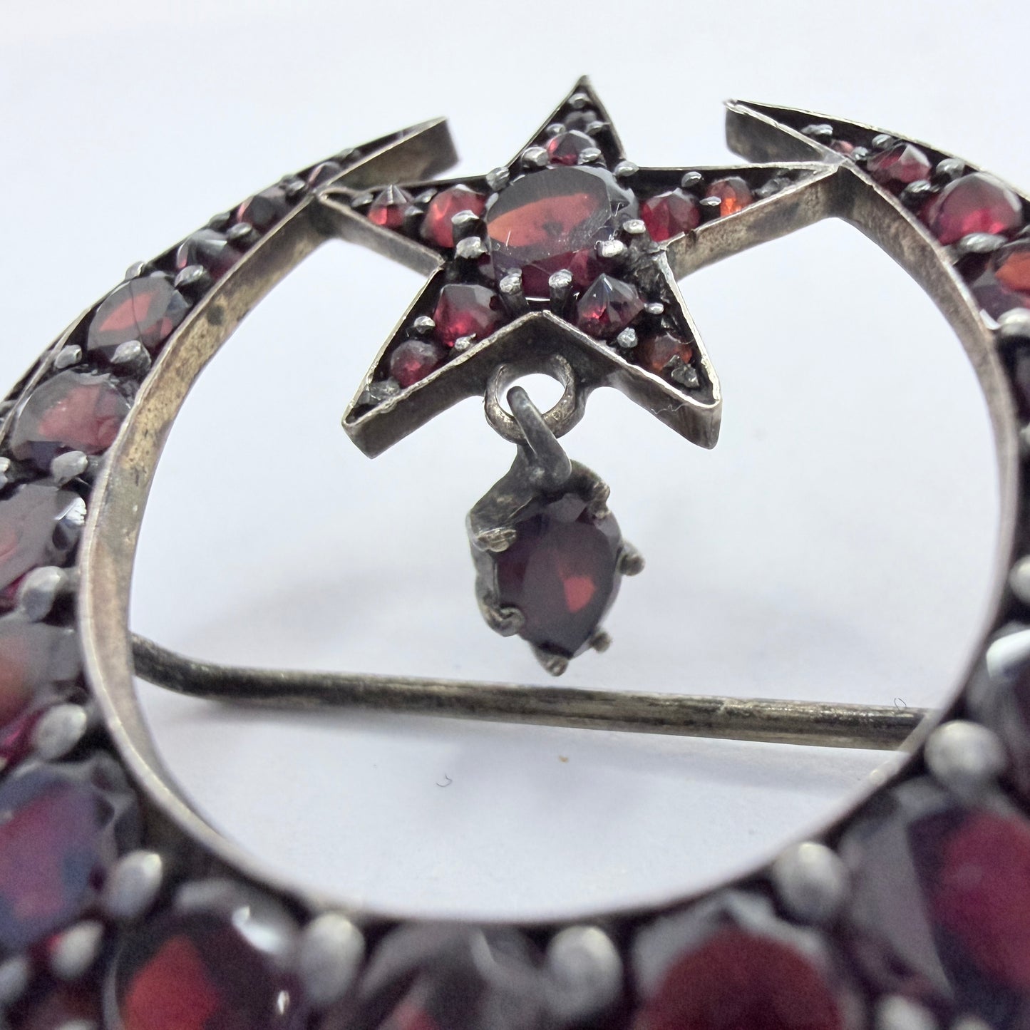 Antique Silver Bohemian Garnet Moon Crescent Star Brooch.