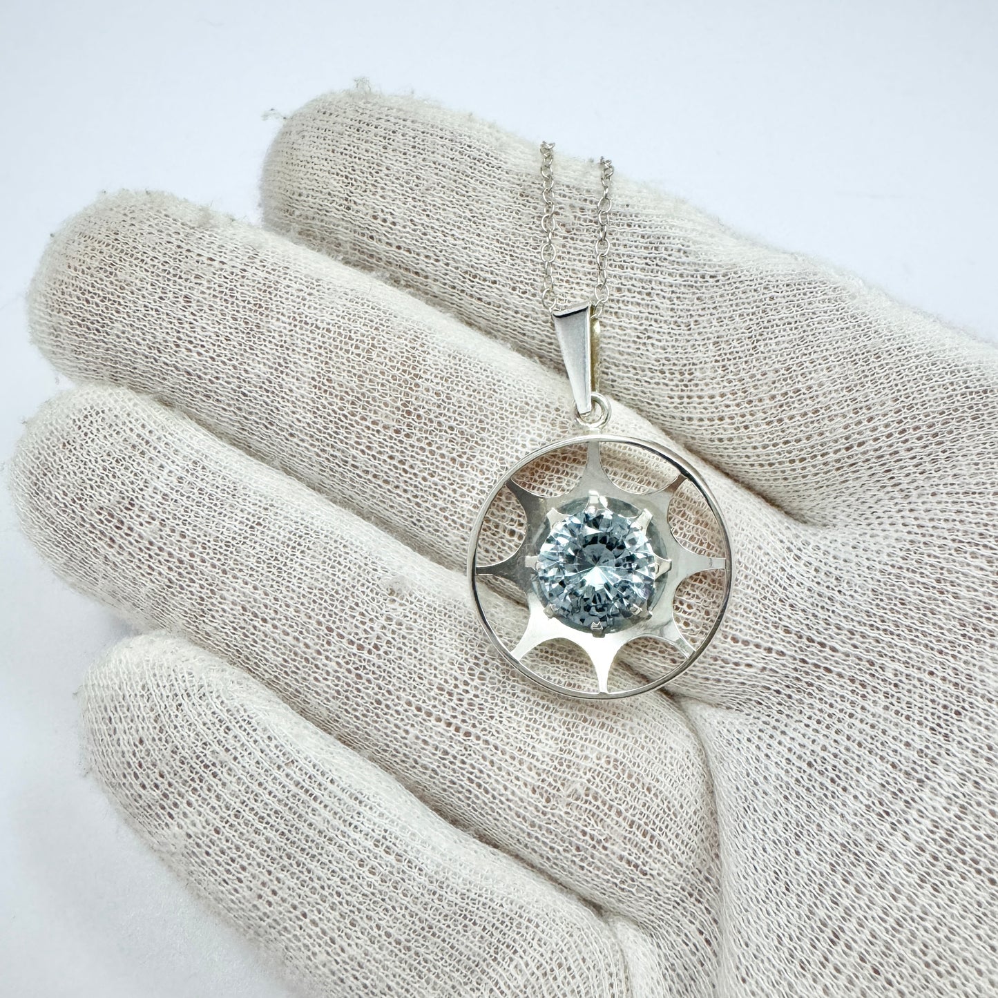 Salovaara, Finland 1970s. Vintage Sterling Silver Blue Synthetic Spinel Pendant + Chain.