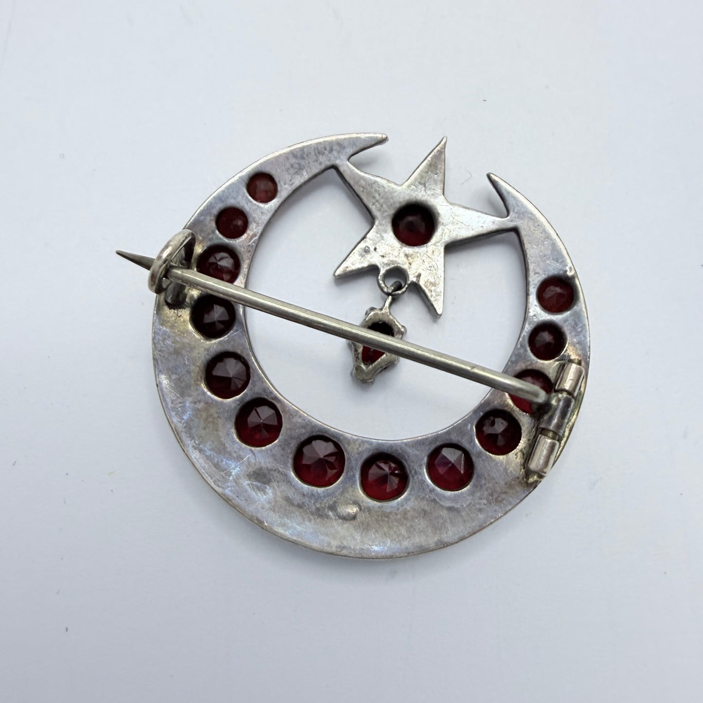 Antique Silver Bohemian Garnet Moon Crescent Star Brooch.