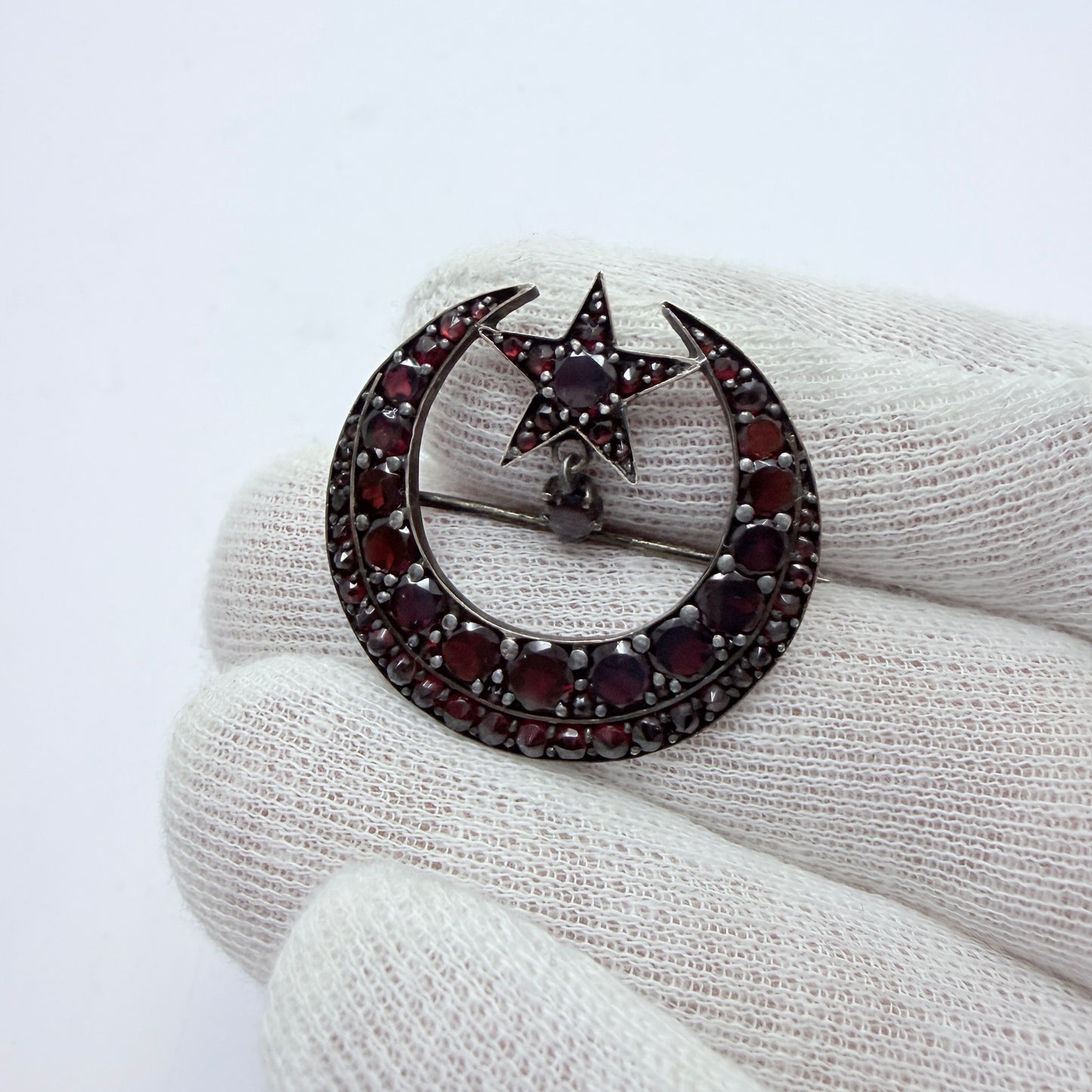 Antique Silver Bohemian Garnet Moon Crescent Star Brooch.