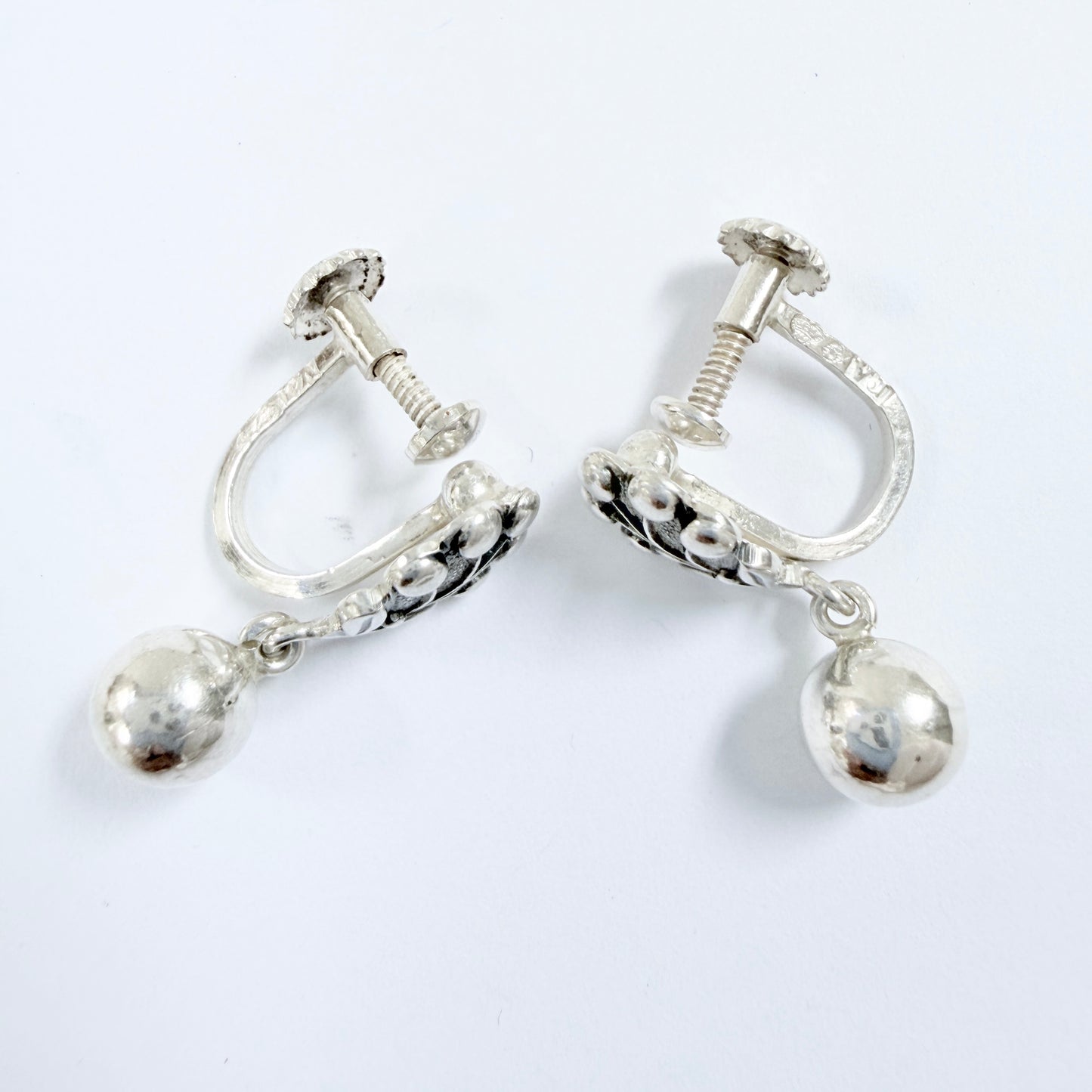 Victor Janson, Sweden c 1950s. Vintage Solid Silver Leaf Earrings.