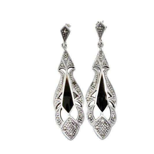 Large Vintage Art Deco Style Silver Marcasite Onyx Earrings.