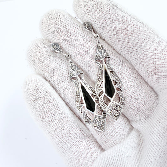 Large Vintage Art Deco Style Silver Marcasite Onyx Earrings.