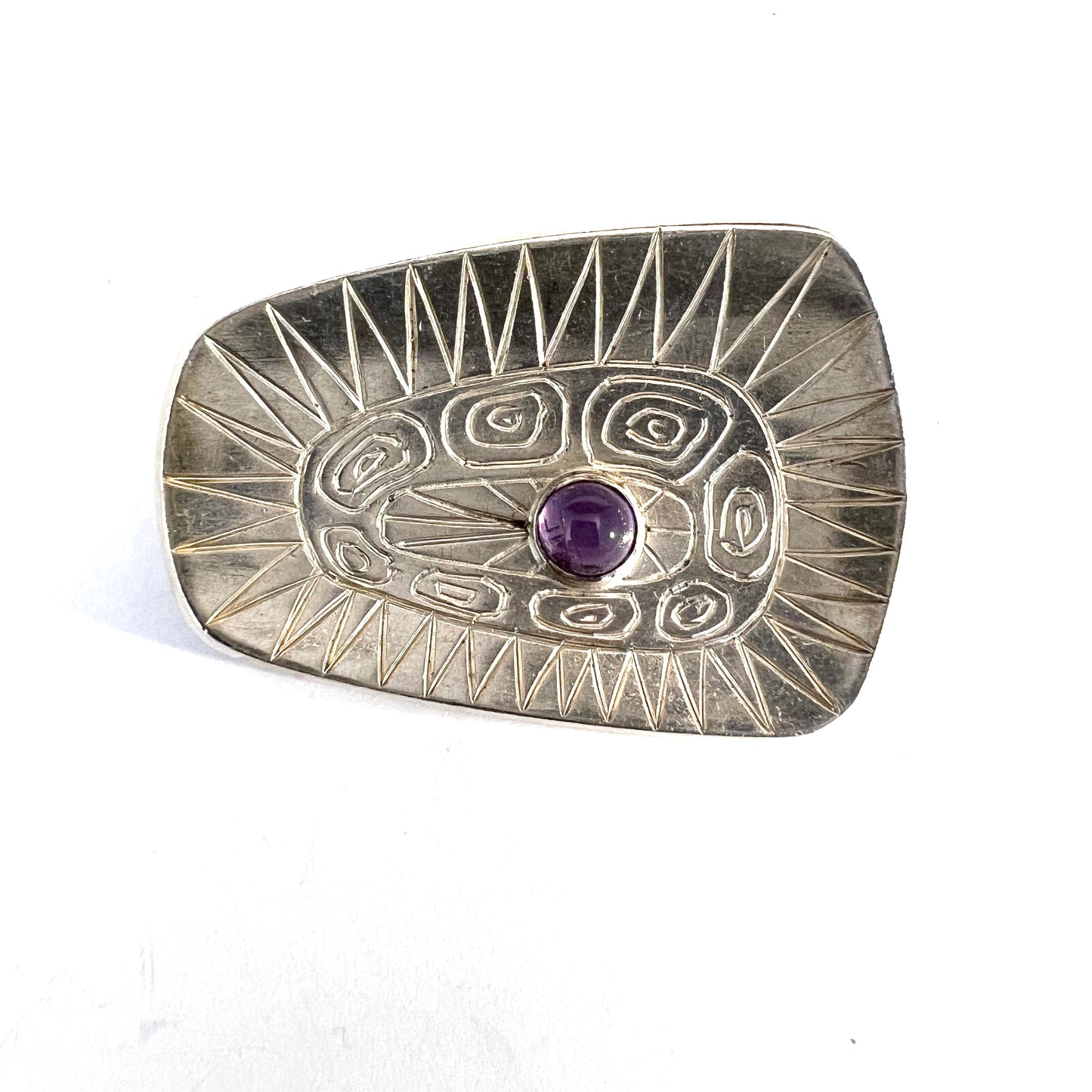 Skansen, Stockholm 1955. Mid-century Modern Sterling Silver Amethyst Brooch.