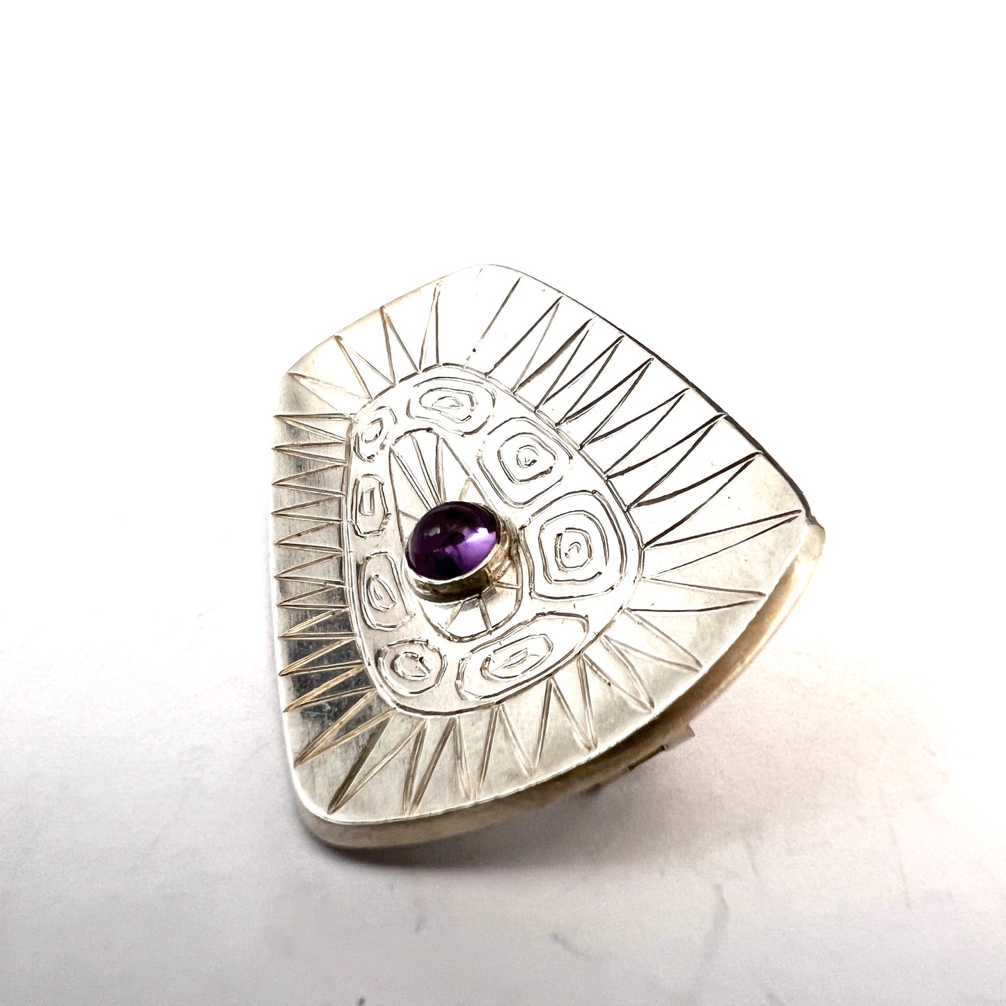 Skansen, Stockholm 1955. Mid-century Modern Sterling Silver Amethyst Brooch.