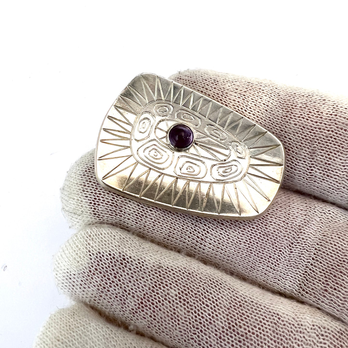 Skansen, Stockholm 1955. Mid-century Modern Sterling Silver Amethyst Brooch.