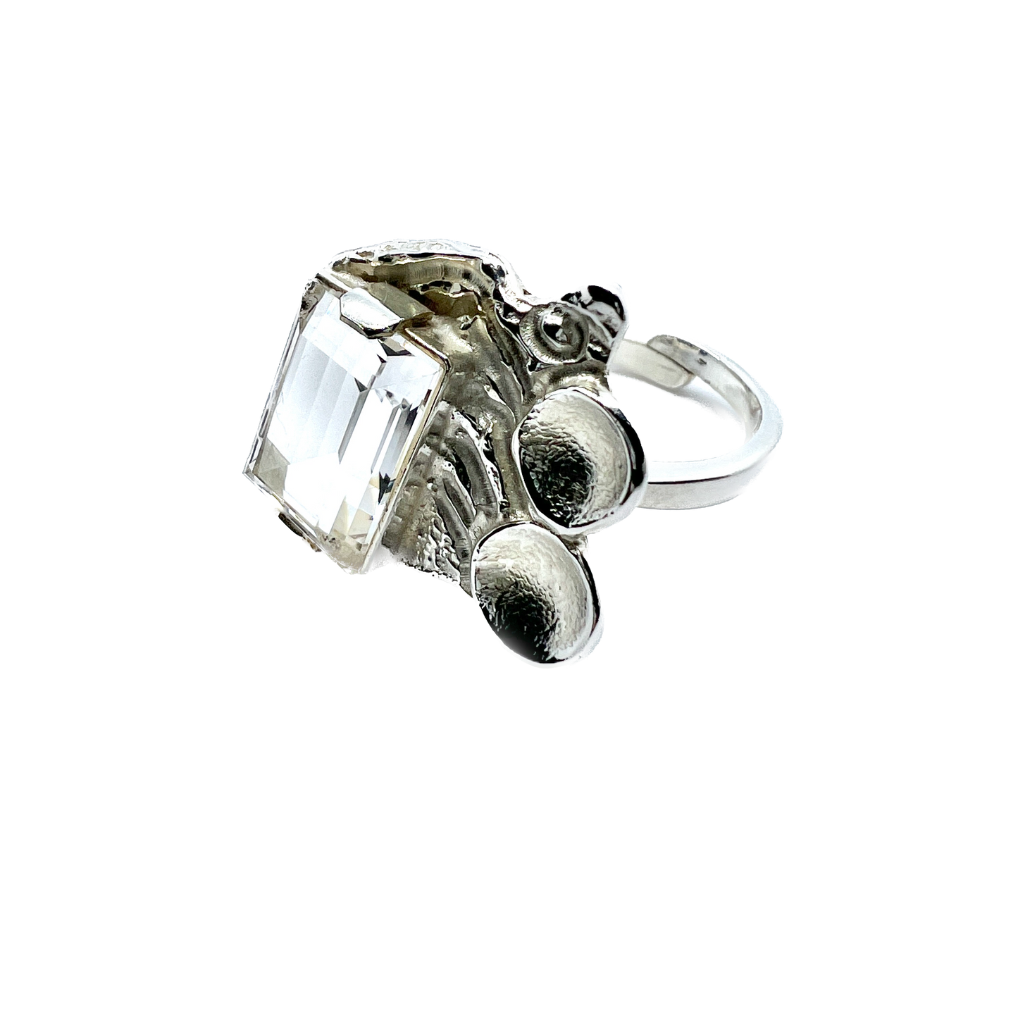 Maker HE, Vintage Modernist c 1970s Sterling Silver Quartz Ring