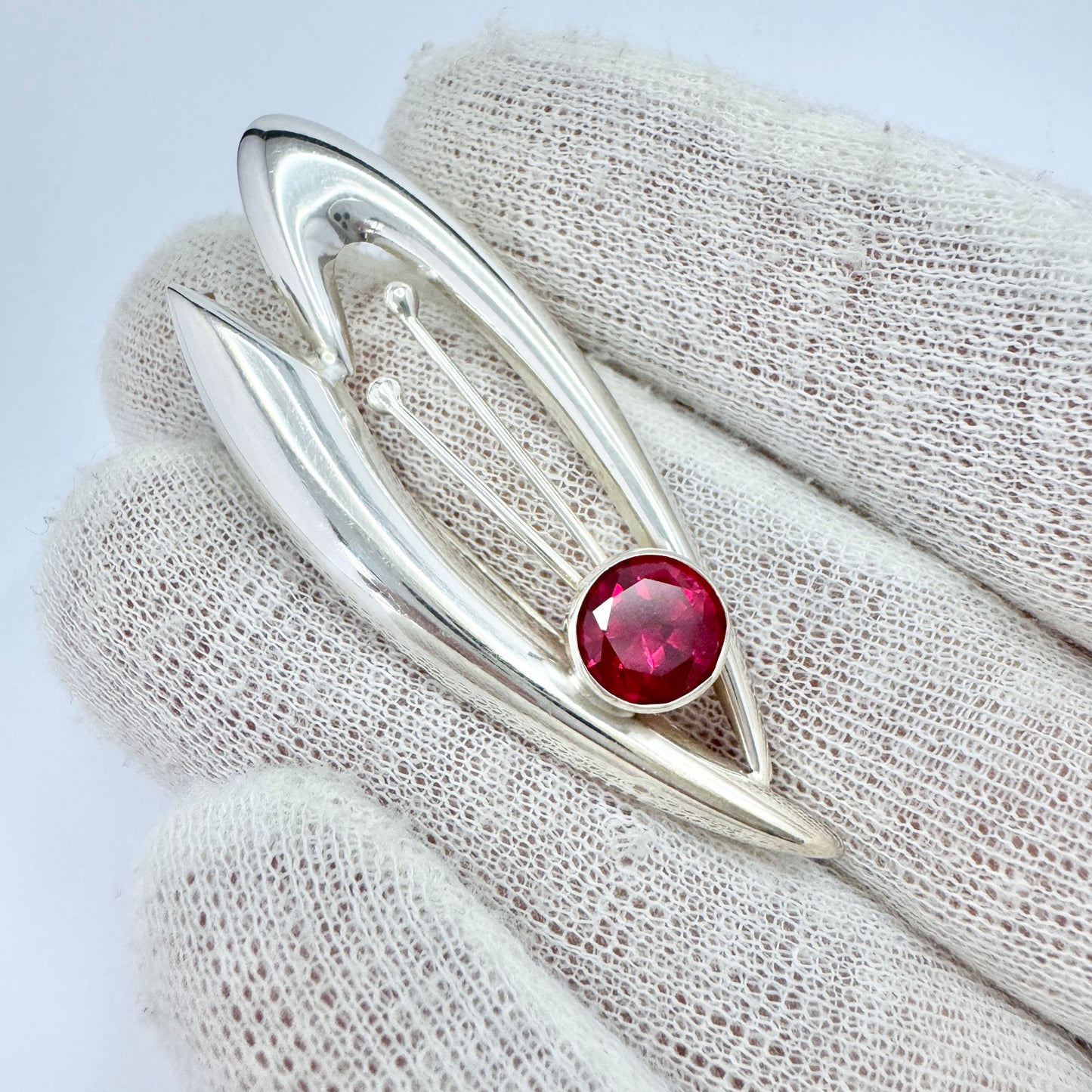 Salovaara, Finland 1975. Vintage Sterling Silver Synthetic Ruby Brooch.