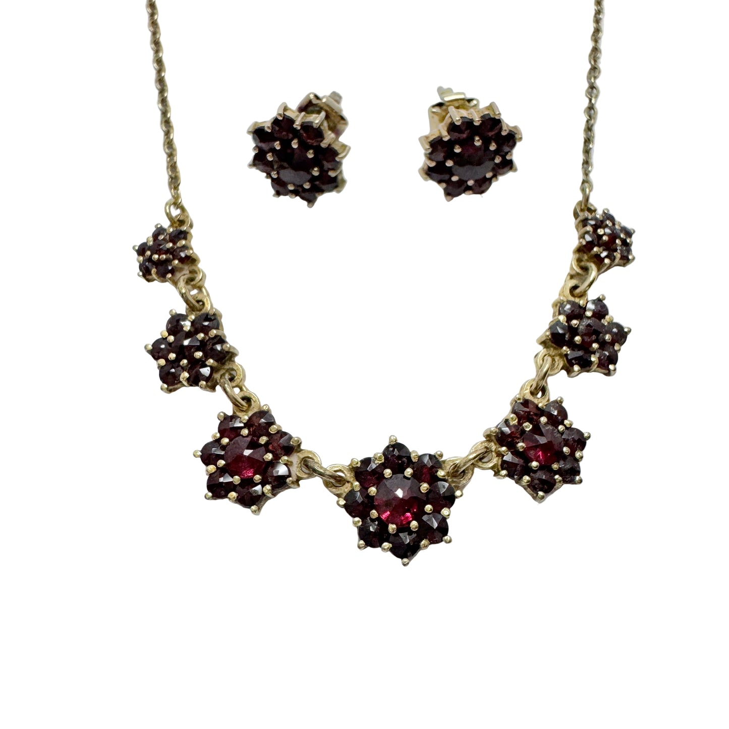 Vintage Garnet Gilt Metal Necklace and Stud Earrings.