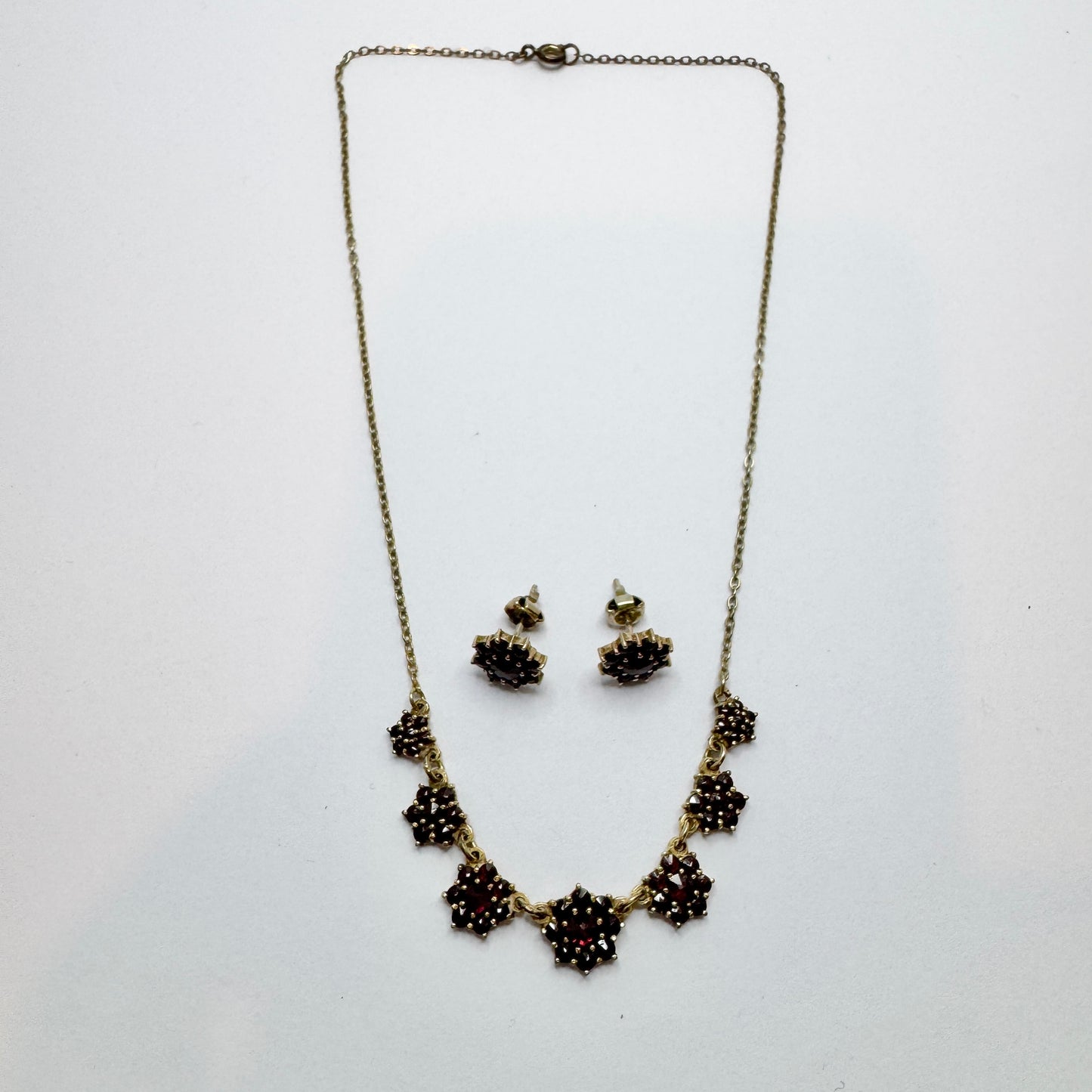 Vintage Garnet Gilt Metal Necklace and Stud Earrings.
