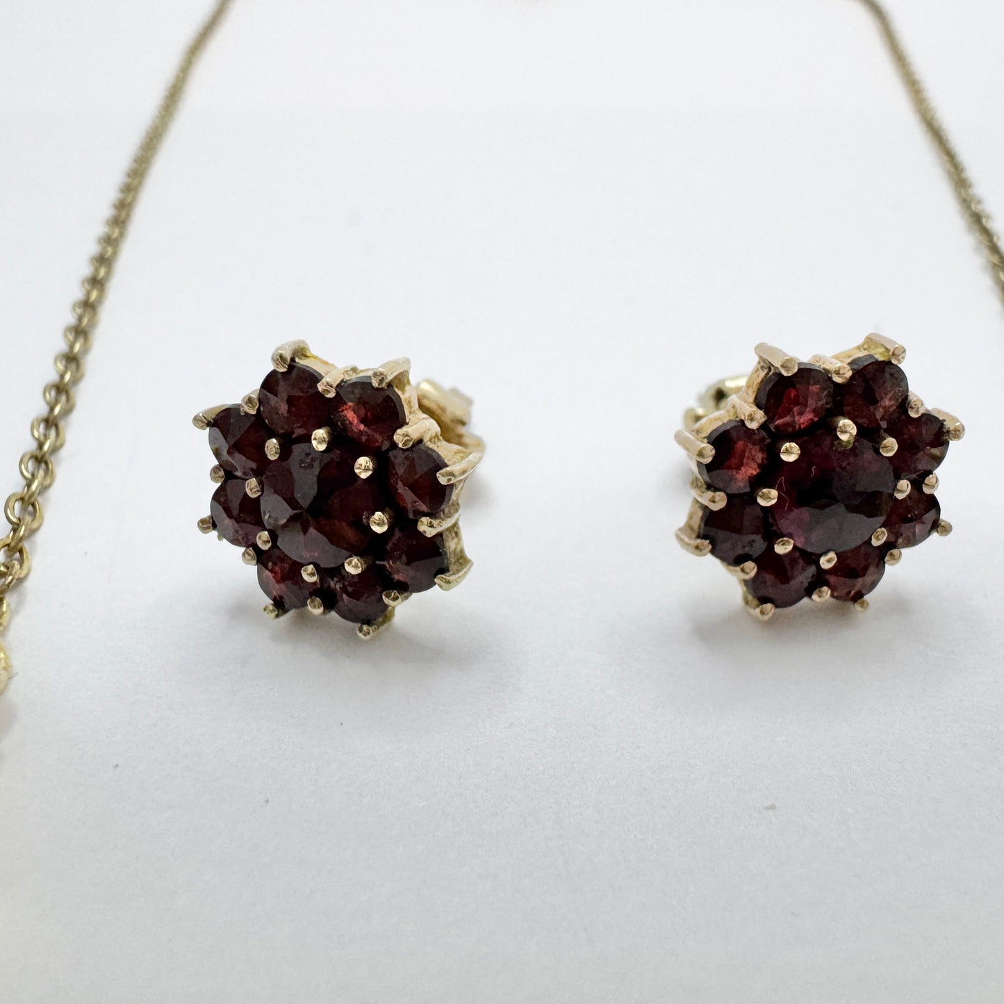 Vintage Garnet Gilt Metal Necklace and Stud Earrings.