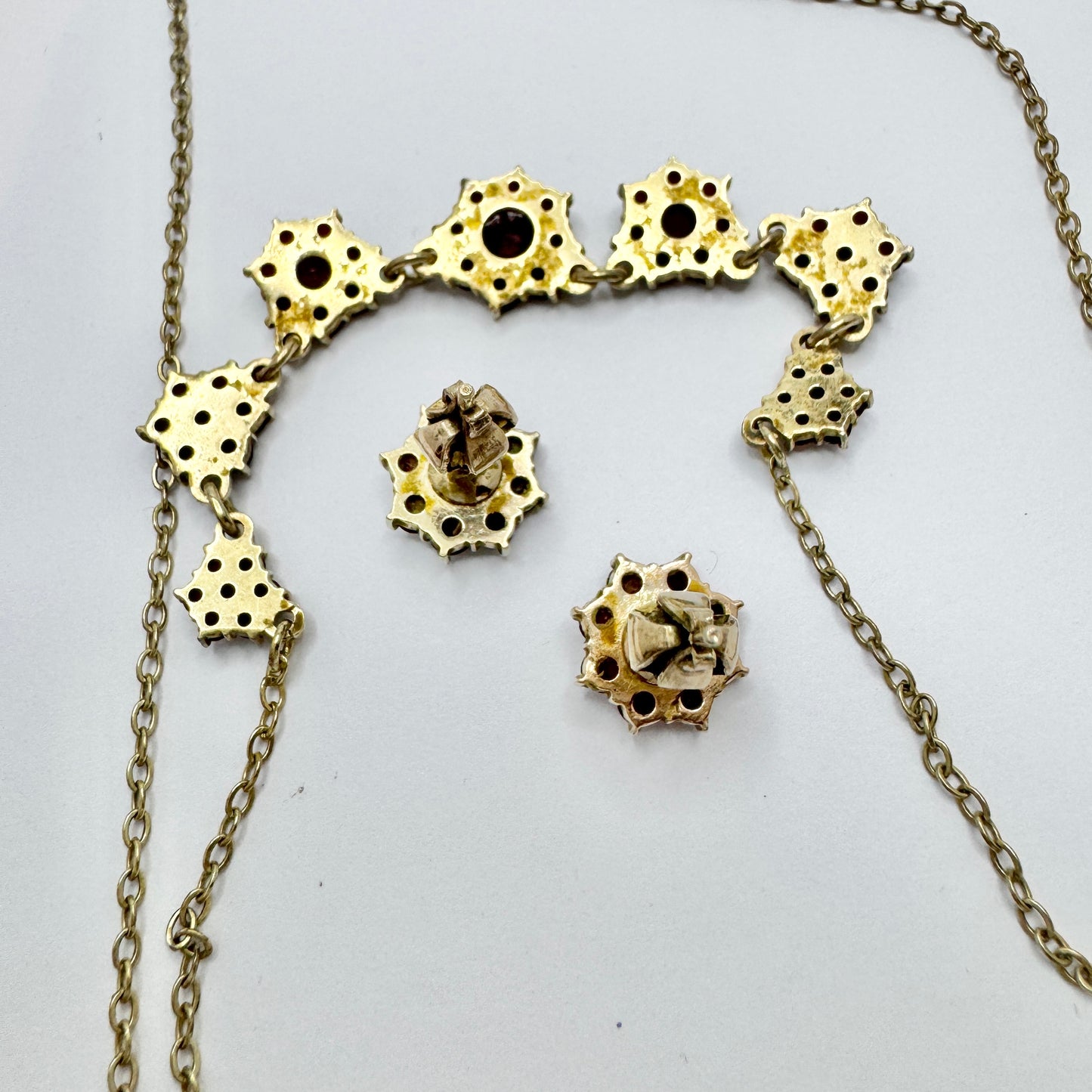 Vintage Garnet Gilt Metal Necklace and Stud Earrings.