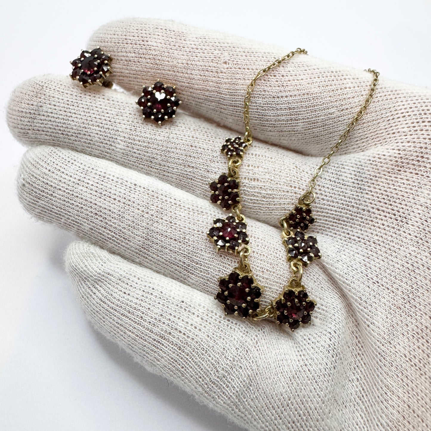 Vintage Garnet Gilt Metal Necklace and Stud Earrings.