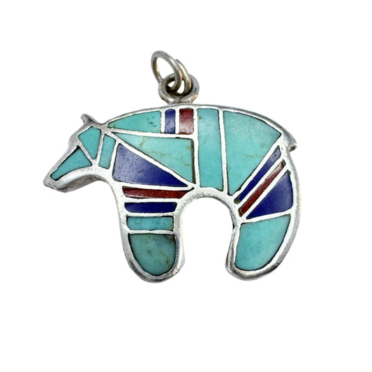 Vintage Sterling Silver Hardstone Inlay Bear Two-side Pendant.