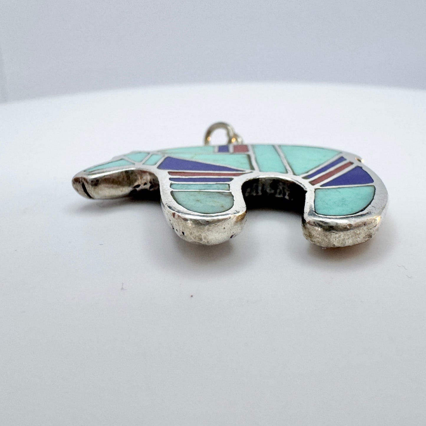 Vintage Sterling Silver Hardstone Inlay Bear Two-side Pendant.