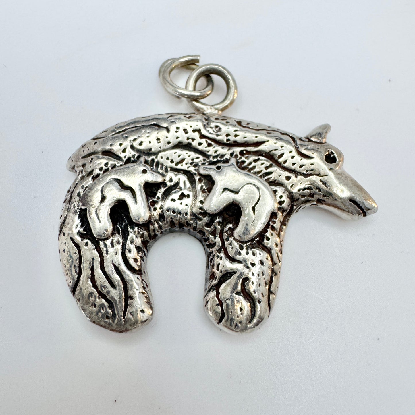 Vintage Sterling Silver Hardstone Inlay Bear Two-side Pendant.