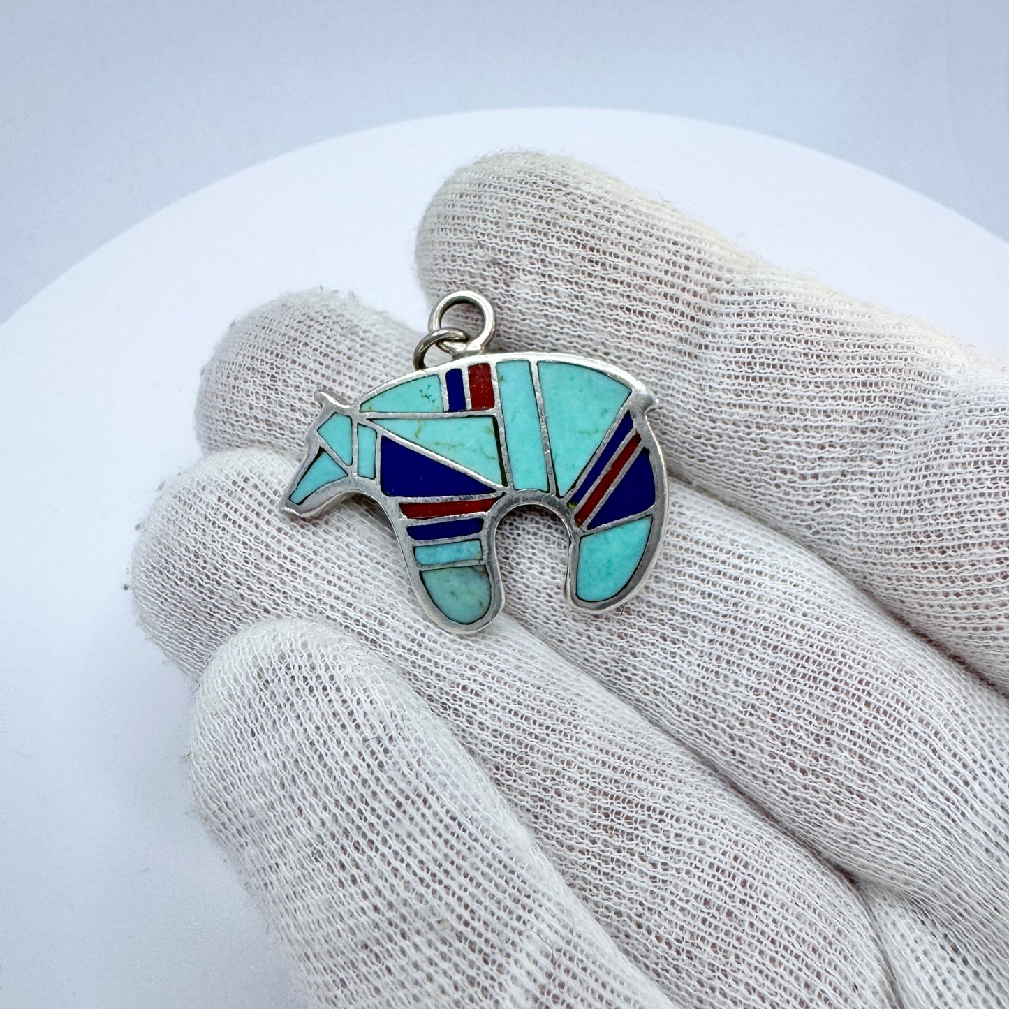 Vintage Sterling Silver Hardstone Inlay Bear Two-side Pendant.