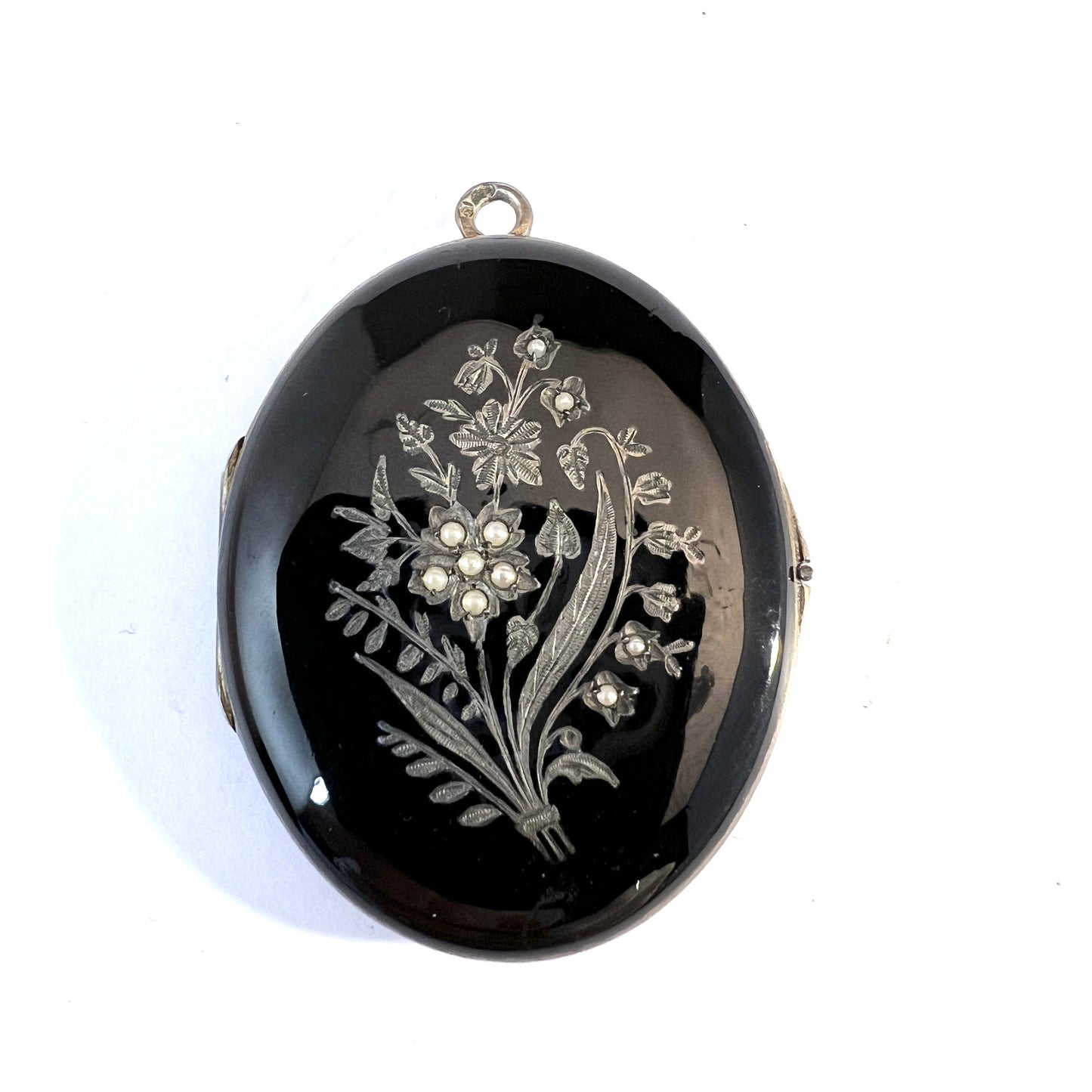 Antique Solid Silver Black Enamel Seed Pearl Mourning Locket Pendant. Sweden.