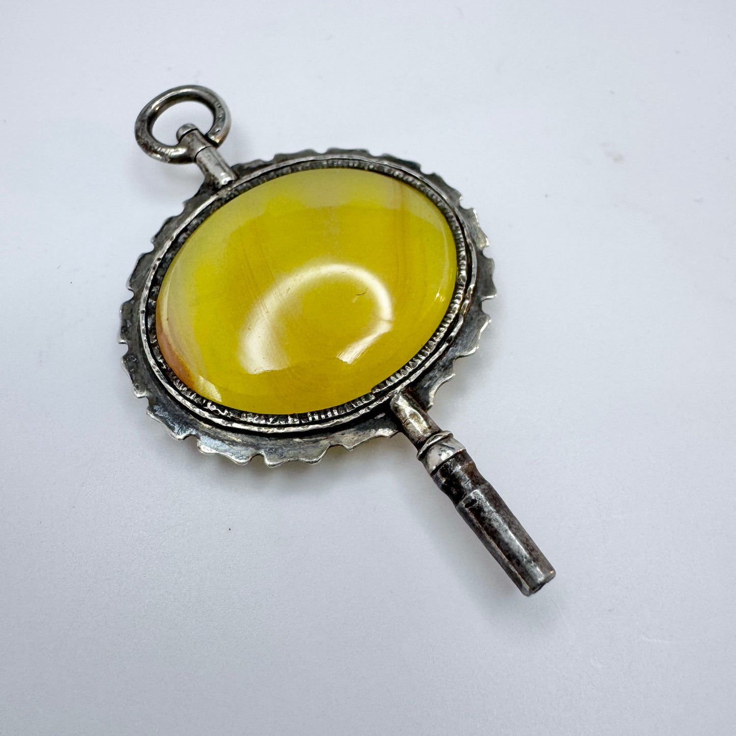 Sweden ca 1880s Antique Solid Silver Agate Watch Key Pendant.