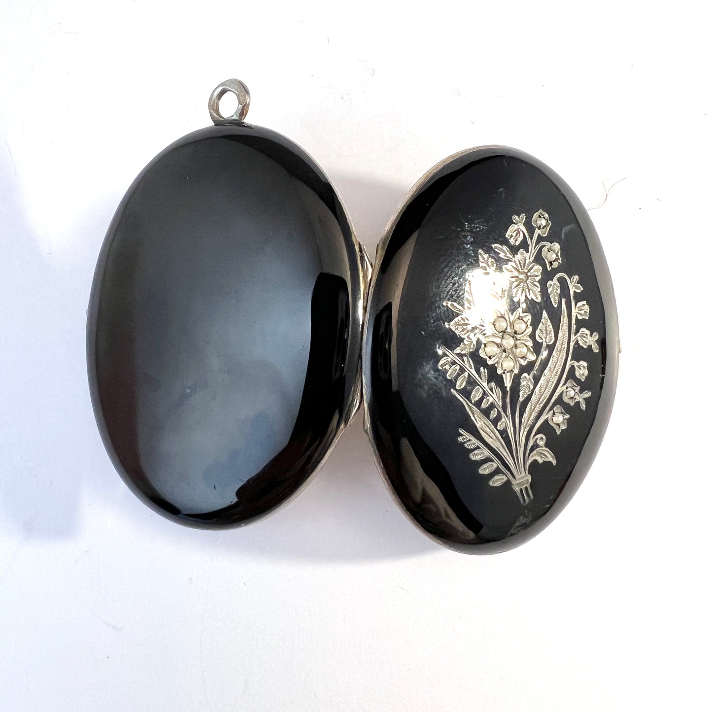 Antique Solid Silver Black Enamel Seed Pearl Mourning Locket Pendant. Sweden.