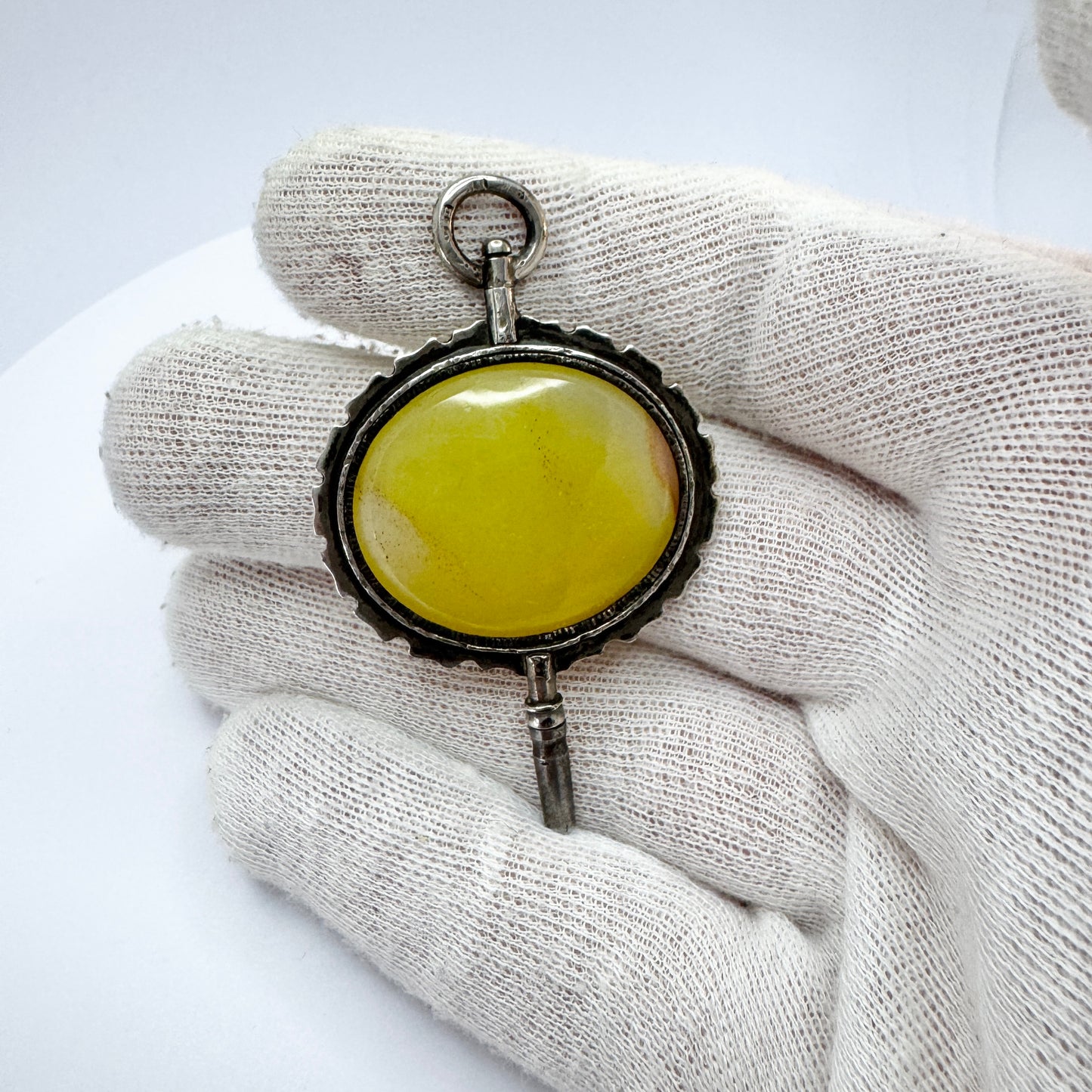 Sweden ca 1880s Antique Solid Silver Agate Watch Key Pendant.