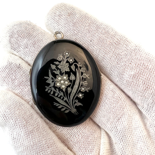 Antique Solid Silver Black Enamel Seed Pearl Mourning Locket Pendant. Sweden.