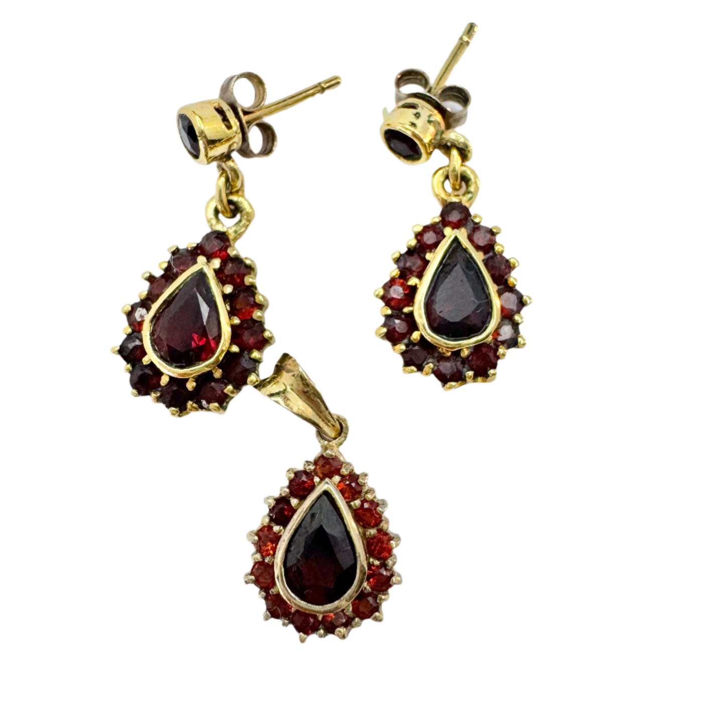 Vintage Gilt Sterling Silver Garnet Earrings + Pendant Set.