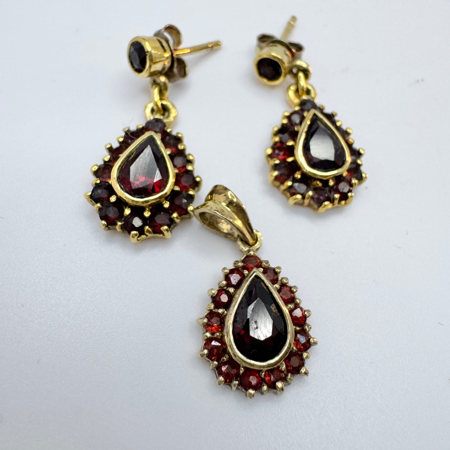 Vintage Gilt Sterling Silver Garnet Earrings + Pendant Set.