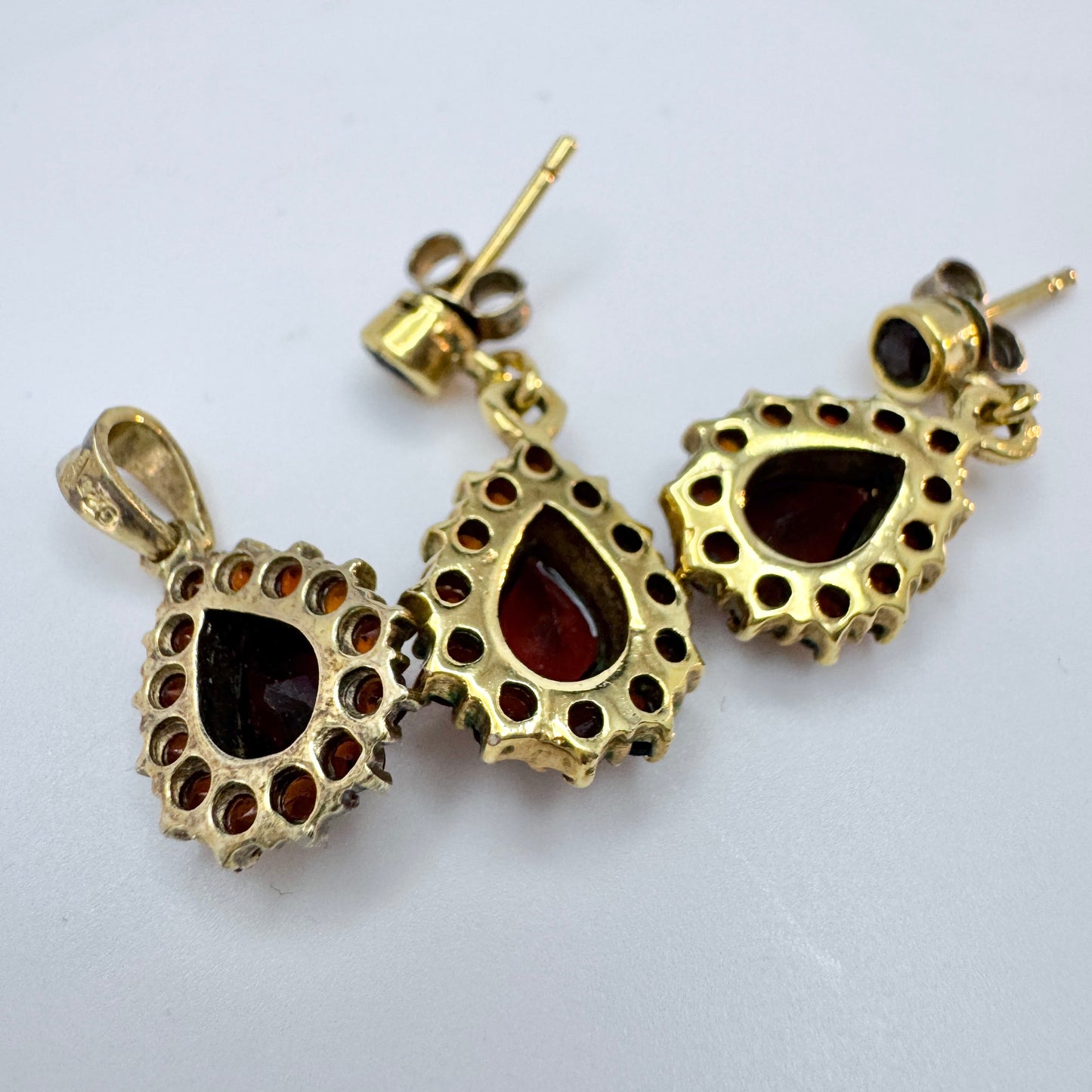 Vintage Gilt Sterling Silver Garnet Earrings + Pendant Set.