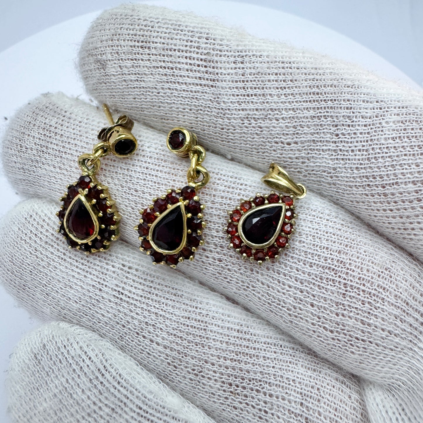 Vintage Gilt Sterling Silver Garnet Earrings + Pendant Set.