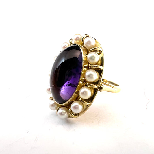 Vintage c 1950s. 14k Gold Amethyst Pearl Cocktail Ring.