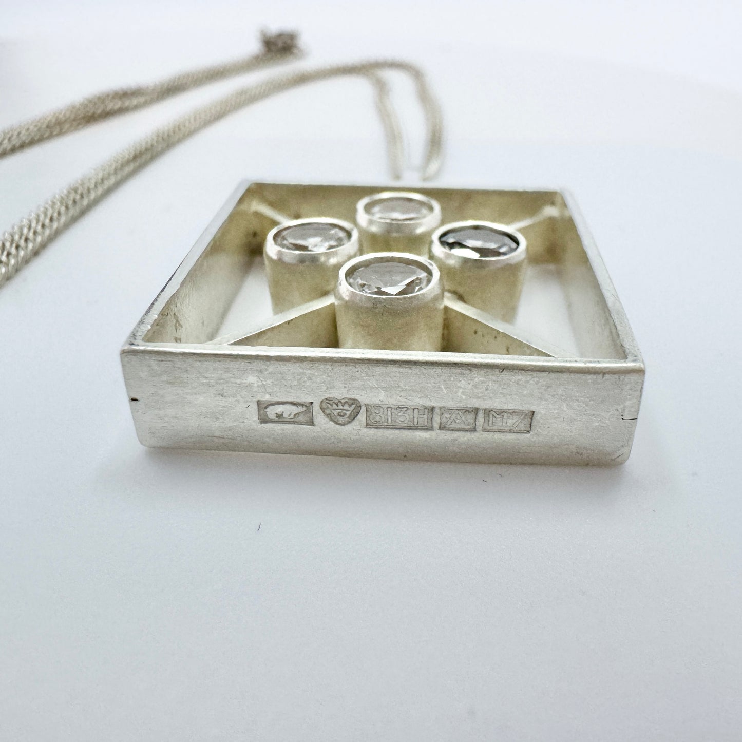 Kultasepät Salovaara, Finland 1965. Vintage Solid Silver Rock Crystal Pendant Necklace.