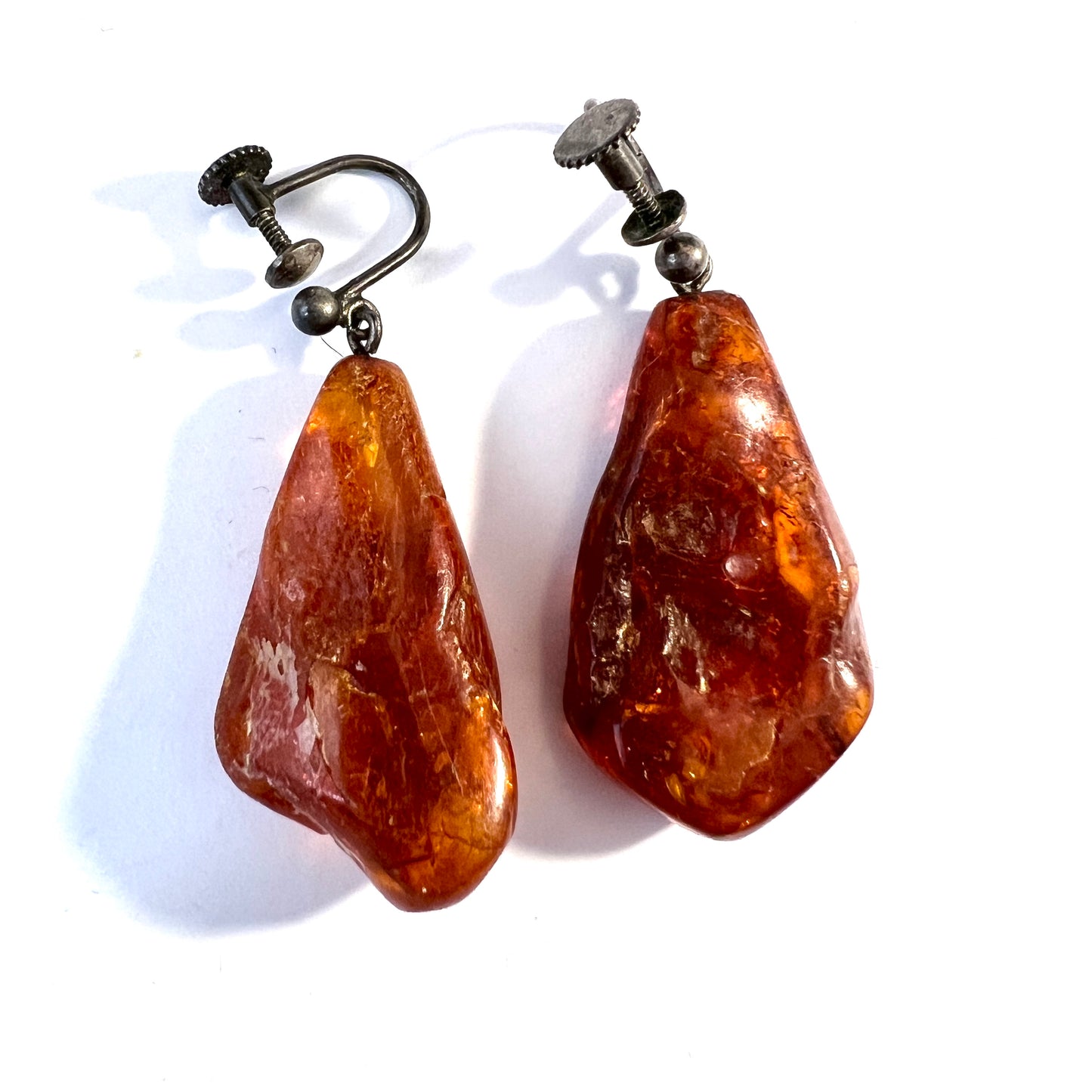 Vintage c 1950s. Solid Silver Large Raw Amber Earrings. Scandinavia.