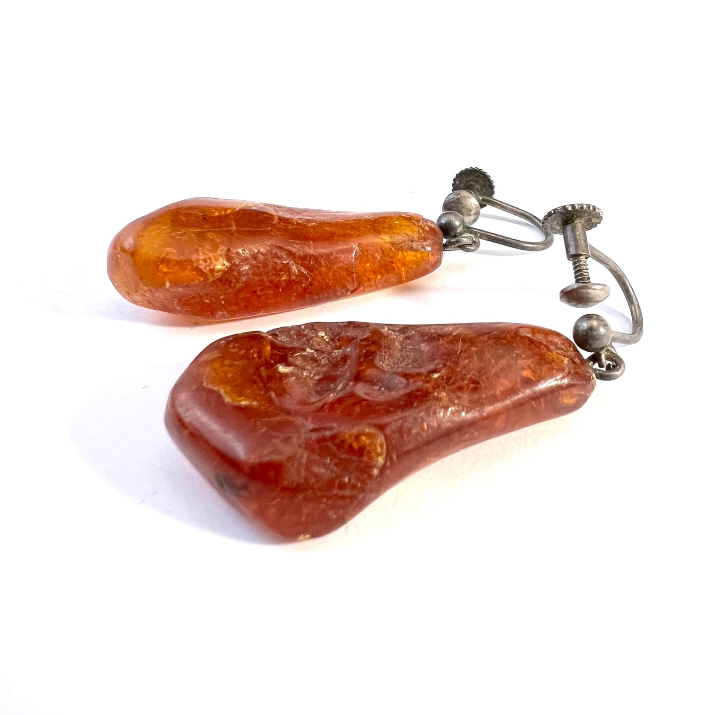 Vintage c 1950s. Solid Silver Large Raw Amber Earrings. Scandinavia.