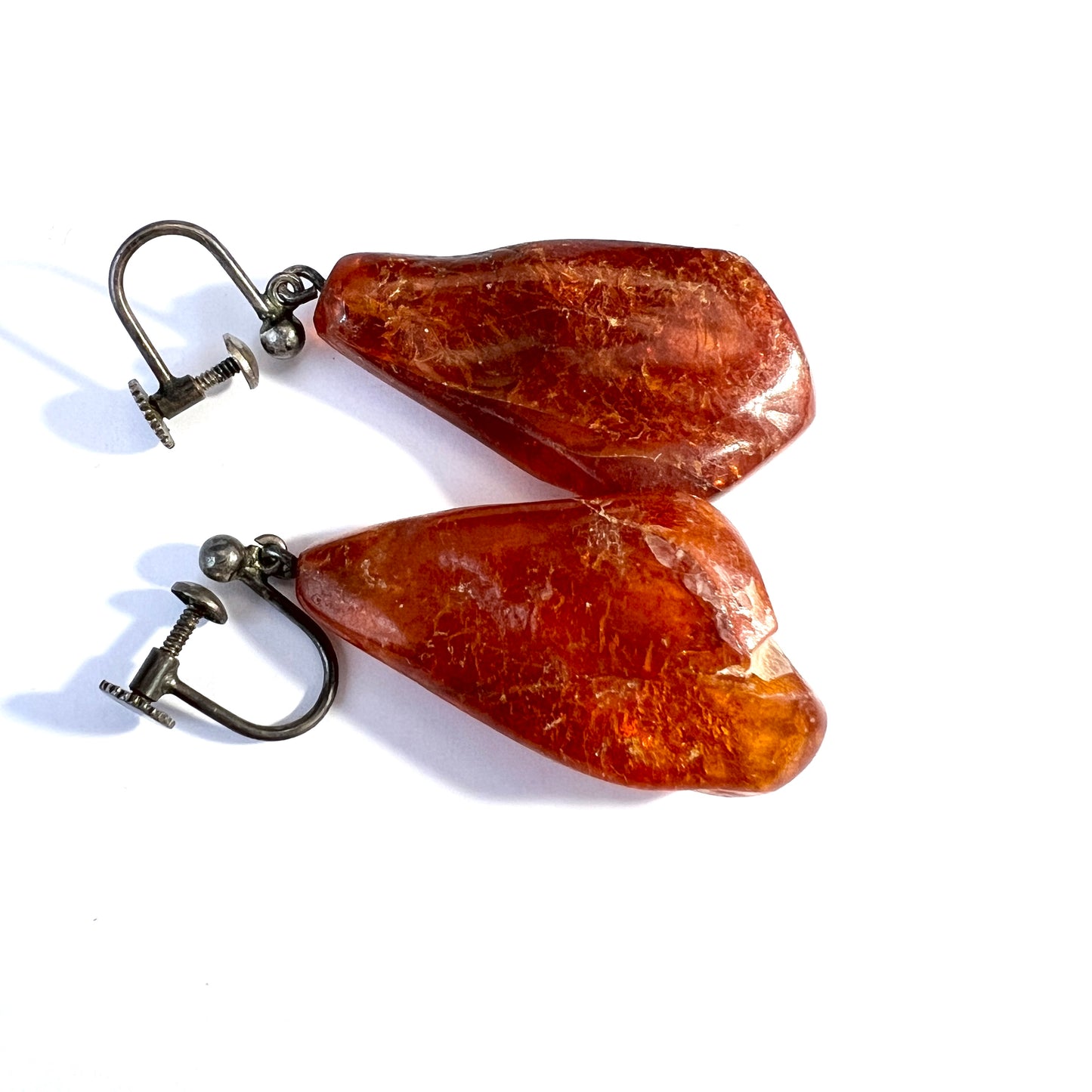 Vintage c 1950s. Solid Silver Large Raw Amber Earrings. Scandinavia.