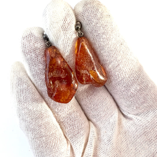 Vintage c 1950s. Solid Silver Large Raw Amber Earrings. Scandinavia.