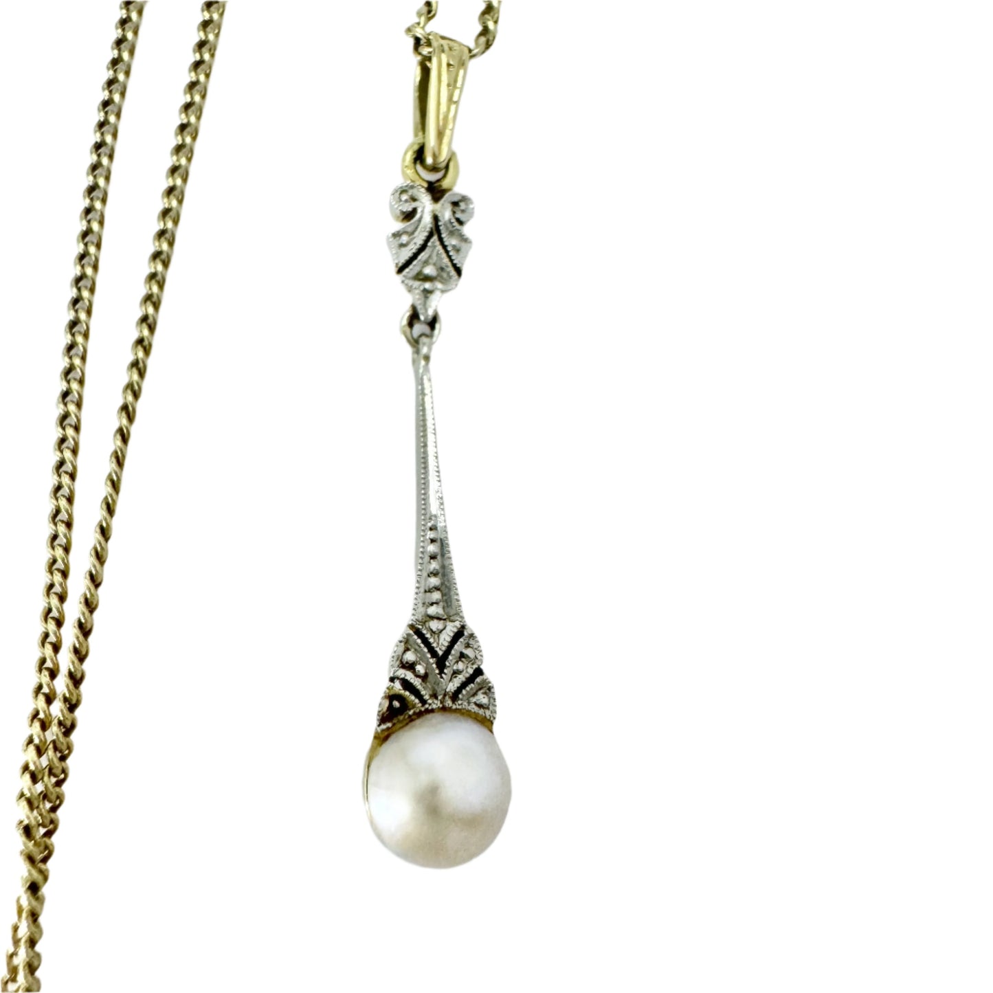 Early 1900s. Vintage / Antique 14k Gold Pearl Pendant Necklace.