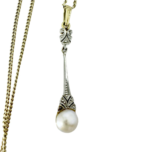 Early 1900s. Vintage / Antique 14k Gold Pearl Pendant Necklace.