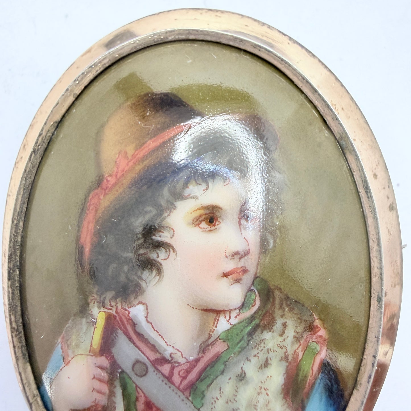A. Hildebrand, Sweden 1916. Antique Silver Painted Porcelain Portrait  Brooch