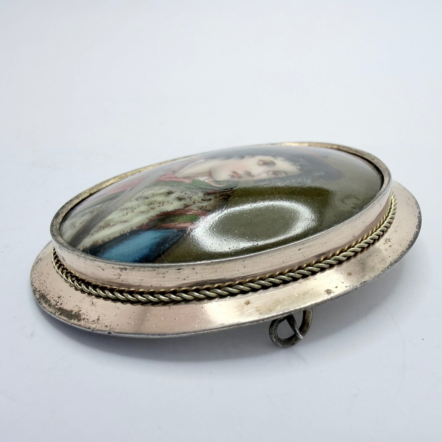 A. Hildebrand, Sweden 1916. Antique Silver Painted Porcelain Portrait  Brooch