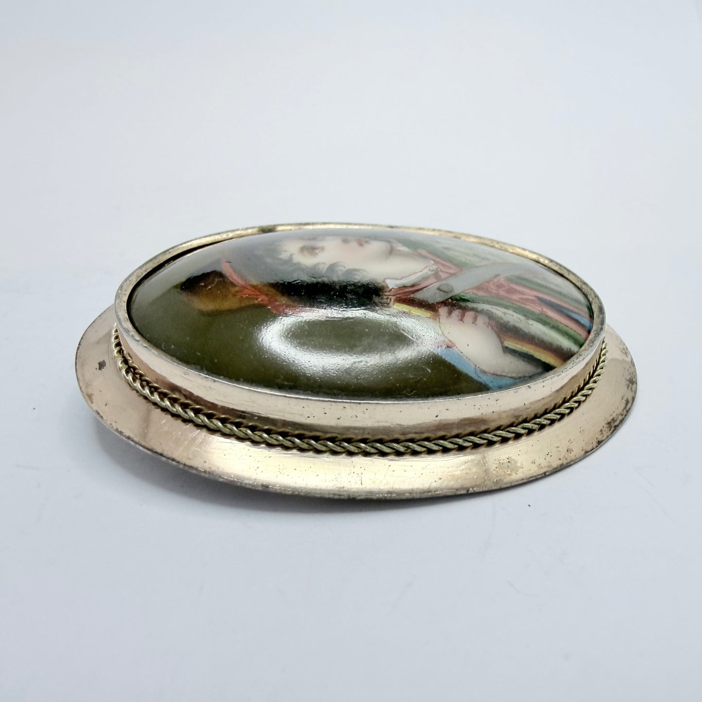 A. Hildebrand, Sweden 1916. Antique Silver Painted Porcelain Portrait  Brooch
