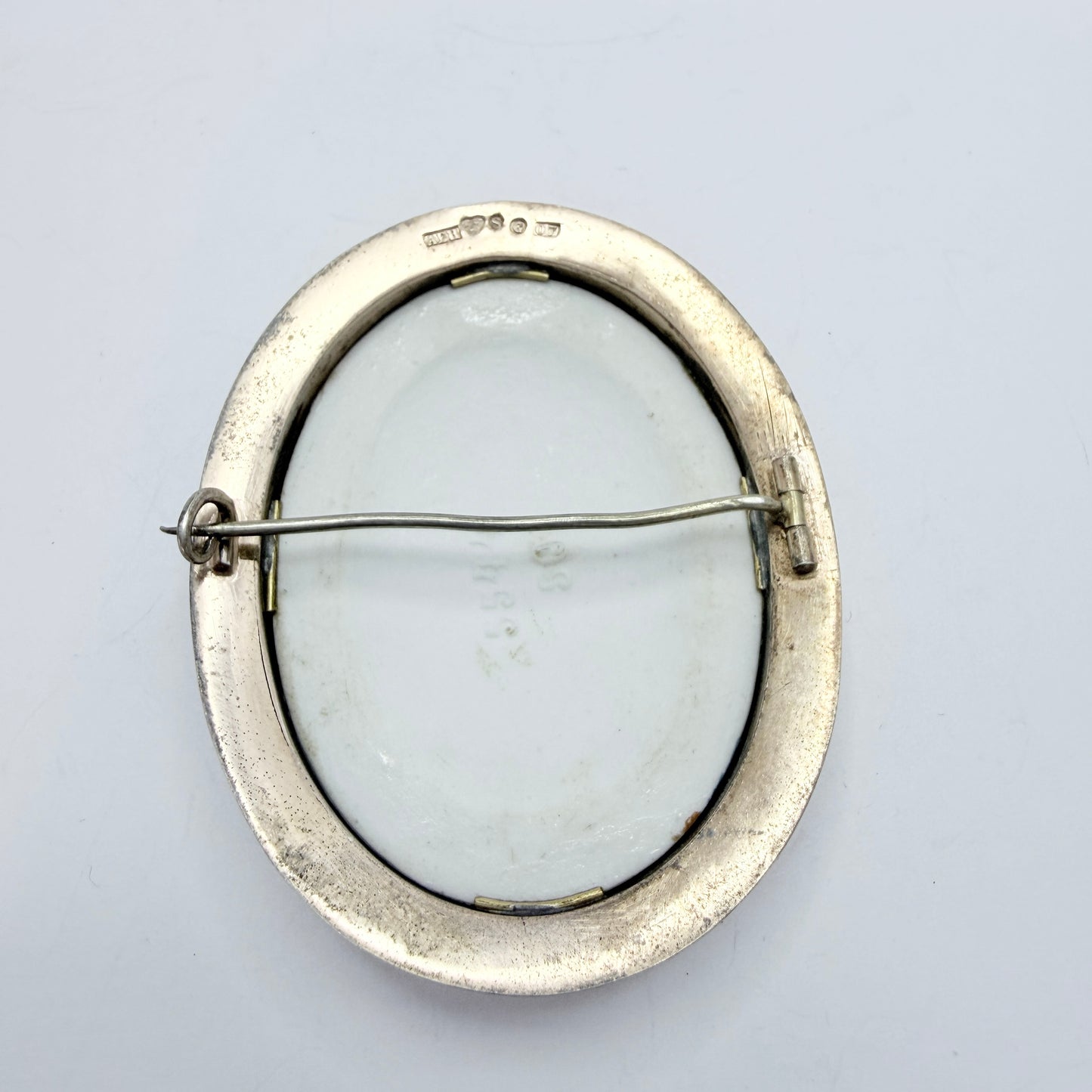 A. Hildebrand, Sweden 1916. Antique Silver Painted Porcelain Portrait  Brooch