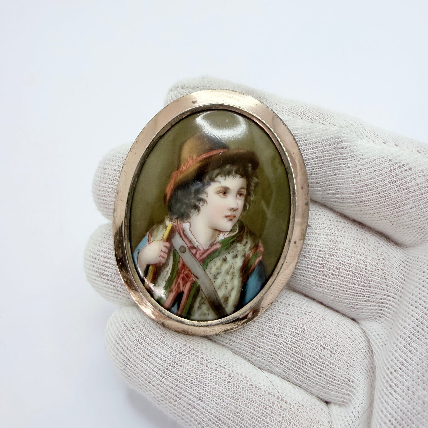 A. Hildebrand, Sweden 1916. Antique Silver Painted Porcelain Portrait  Brooch