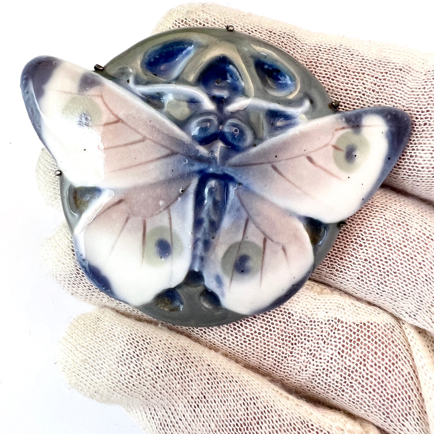 HESSE, Germany year 1910. Antique Art Nouveau Large Porcelain Silver Brooch.