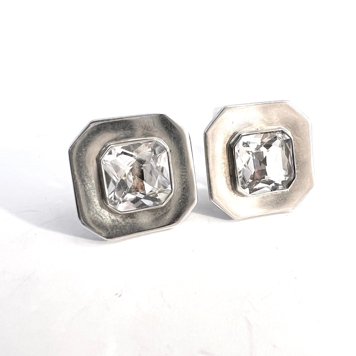 Johnson & Hallberg, Sweden 1970s. Vintage Modernist Sterling Silver Rock Crystal Cufflinks