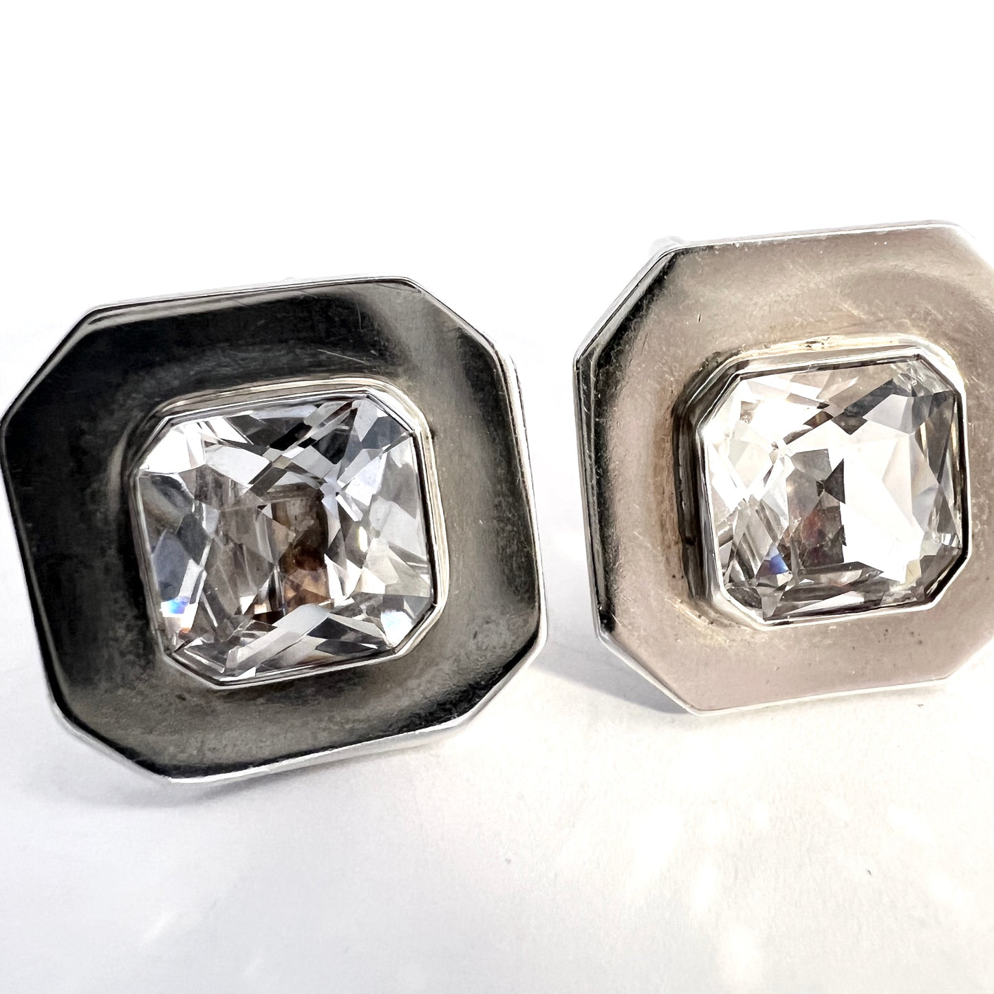 Johnson & Hallberg, Sweden 1970s. Vintage Modernist Sterling Silver Rock Crystal Cufflinks