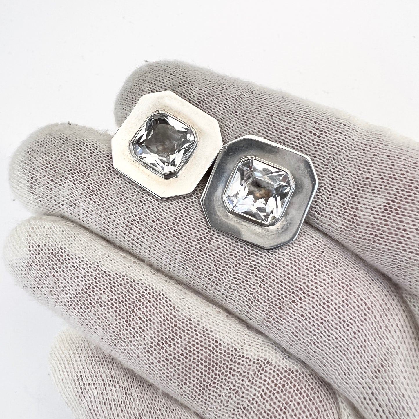 Johnson & Hallberg, Sweden 1970s. Vintage Modernist Sterling Silver Rock Crystal Cufflinks