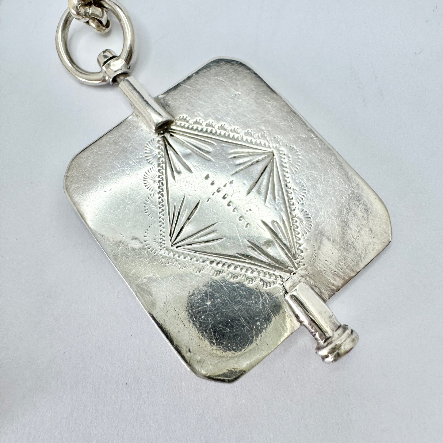 Sweden 1846. Antique Solid Silver Watch Key Pendant + Chain.