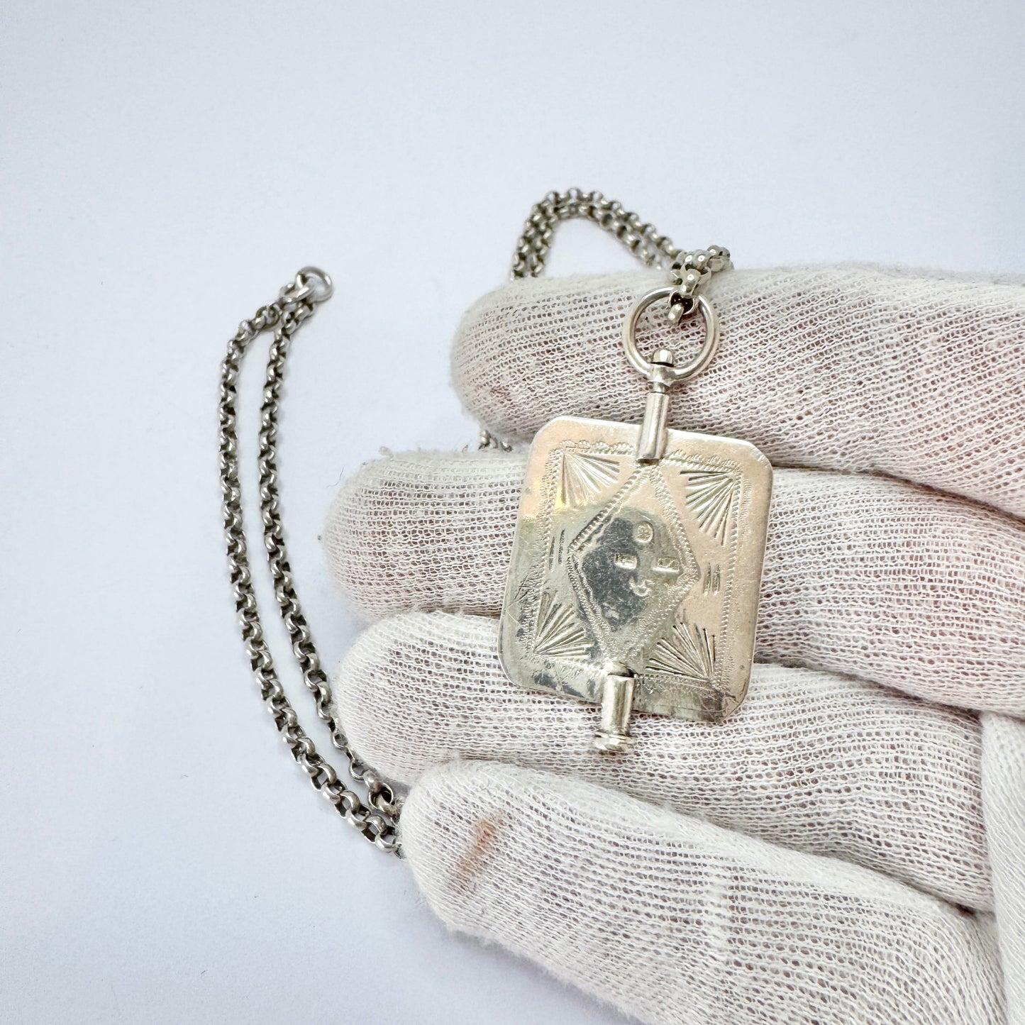 Sweden 1846. Antique Solid Silver Watch Key Pendant + Chain.