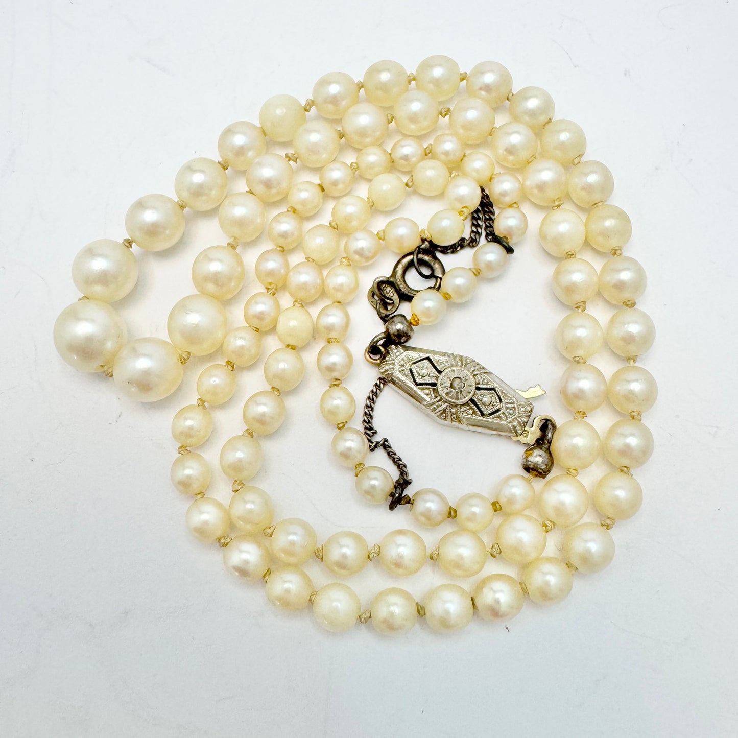 Vintage c 1930 Art Deco 18k Gold Diamond Pearl Necklace.